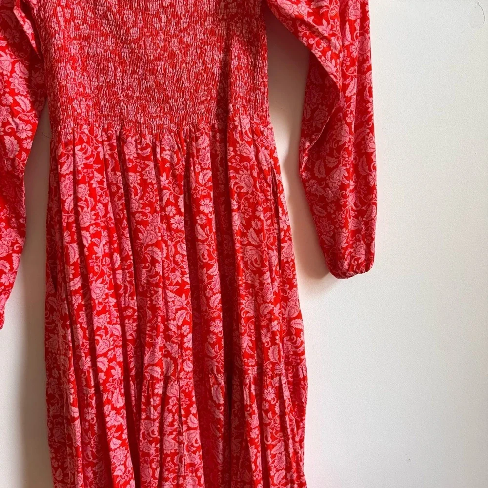 Anthropologie Dolan Left Coast Floral Smocked Midi Dress Red Pink Medium - Picture 5 of 6